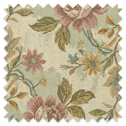 A swatch of woven floral tapestry with pinked edges